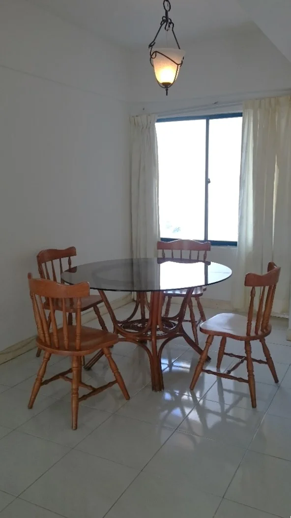 Dining features: round dining table with glass top, 4 wooden dining chairs, white walls, floor-to-ceiling window, sheer curtains, tile flooring, hanging light fixture; style: modern.